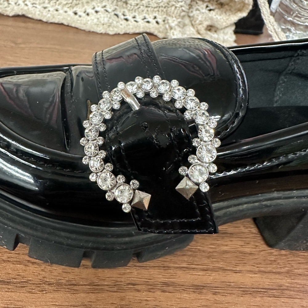 Steve Madden Hailey Chunky Heel Black vegan Patent Bling Buckle size 13 - Picture 5 of 10